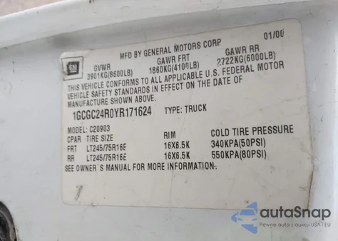 2000 Chevrolet C2500 from USA, damaged, VIN 1GCGC24R0YR171624